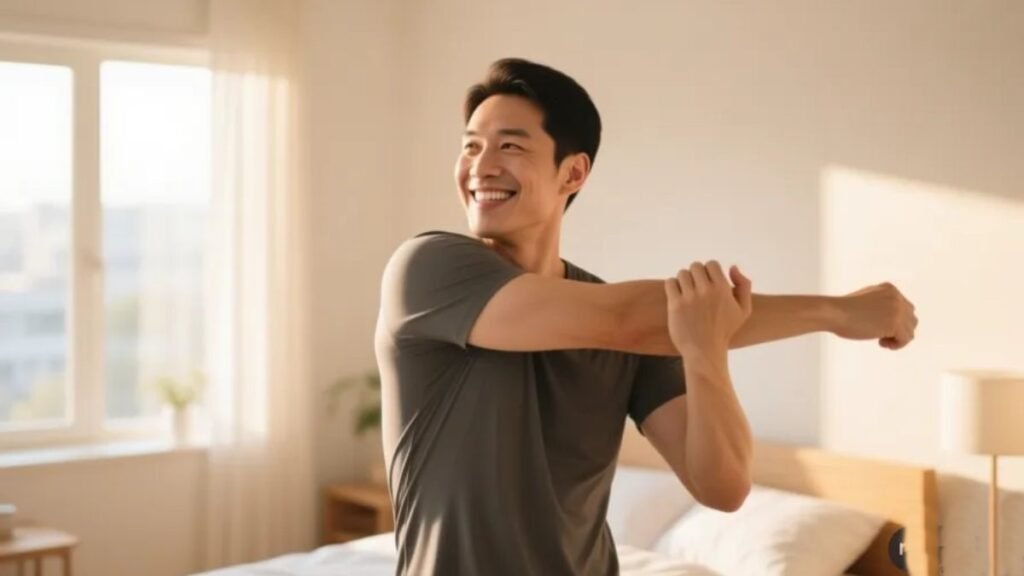 Pessoa adulta sorrindo e se alongando pela manhã em ambiente iluminado representando energia e bem-estar resultantes do uso de magnésio quelato