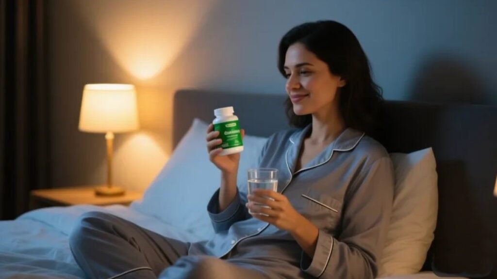 Mulher em pijama confortável sentada na beira da cama à noite segurando frasco de magnésio quelato e copo de água, representando rotina noturna saudável de suplementação
