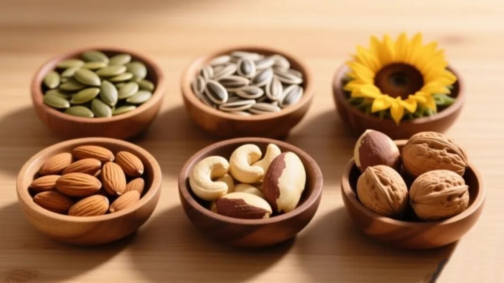 Variedade de sementes e oleaginosas ricas em magnésio em tigelas de madeira incluindo sementes de abóbora girassol amêndoas castanhas e nozes