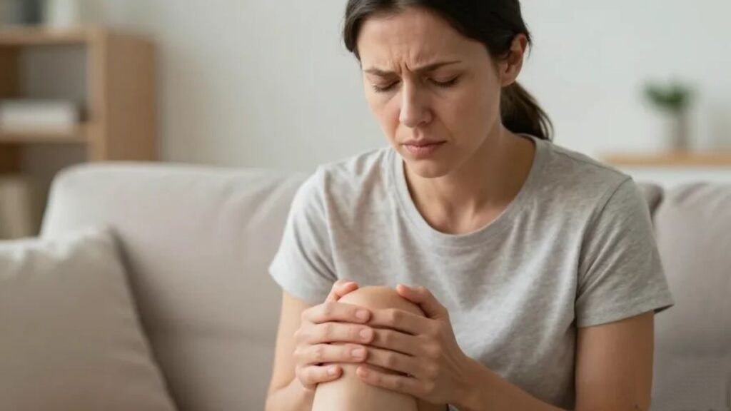 Mulher adulta sentada no sofá segurando a perna com expressão de desconforto, representando câimbra muscular por deficiência de magnésio