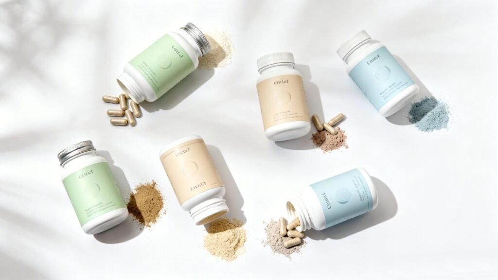 Seis frascos de suplementos de magnésio com diferentes tipos de cápsulas sobre superfície branca, representando a comparação entre as formas de magnésio disponíveis no mercado