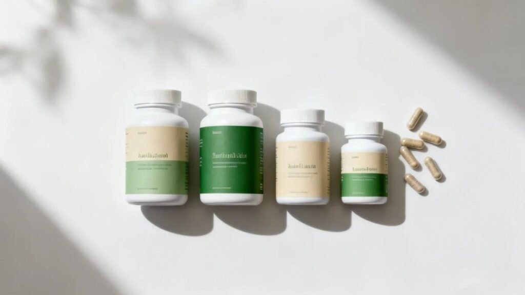 Quatro frascos de suplementos de magnésio com cápsulas ao lado sobre superfície branca representando os diferentes tipos de magnésio disponíveis no mercado