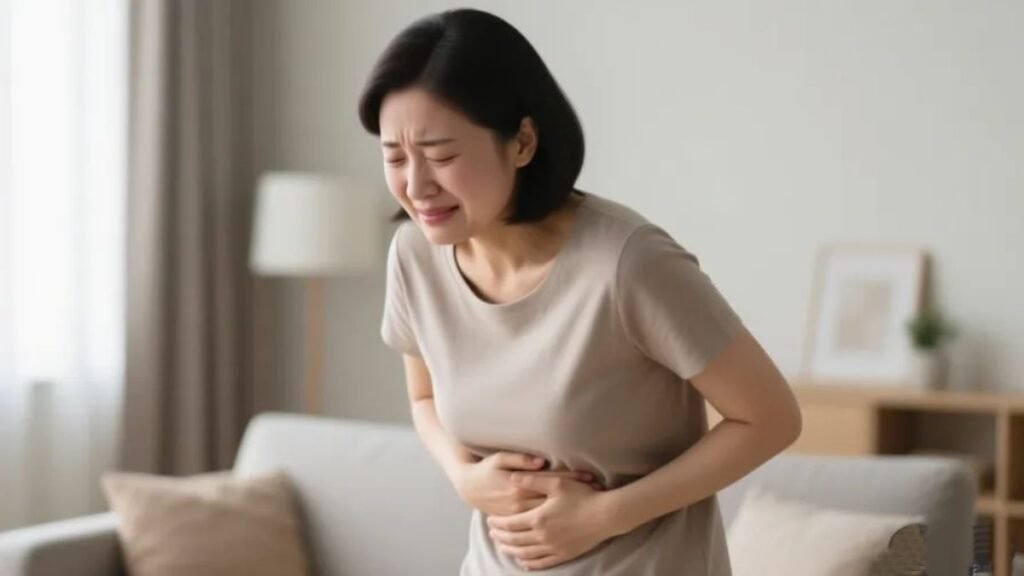 Pessoa segurando o estômago com expressão de leve desconforto representando os possíveis efeitos gastrointestinais do magnésio citrato em comparação ao quelato