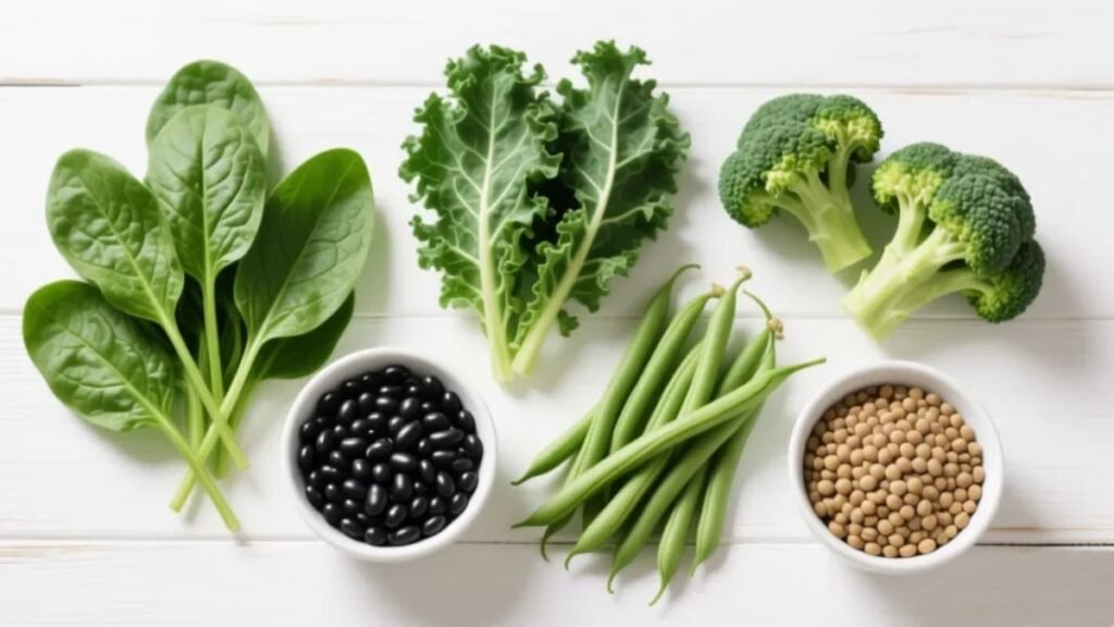 Vegetais verdes escuros e leguminosas ricas em magnésio incluindo espinafre couve brócolis feijão preto e lentilha sobre superfície clara